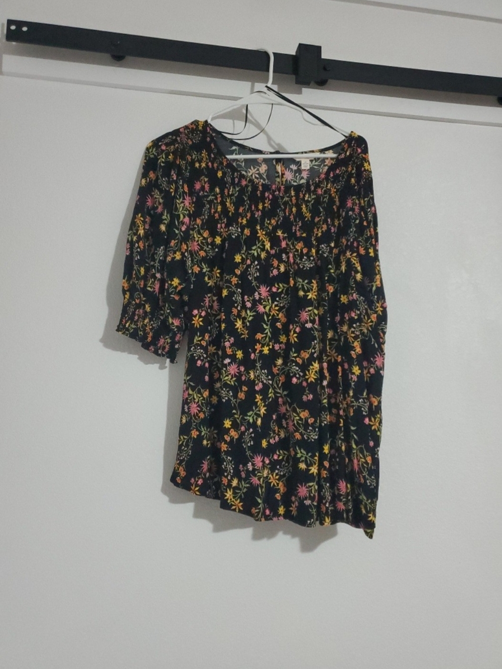 Sky Black Floral Smocked Neck Tunic with Pink and Yellow Blooms